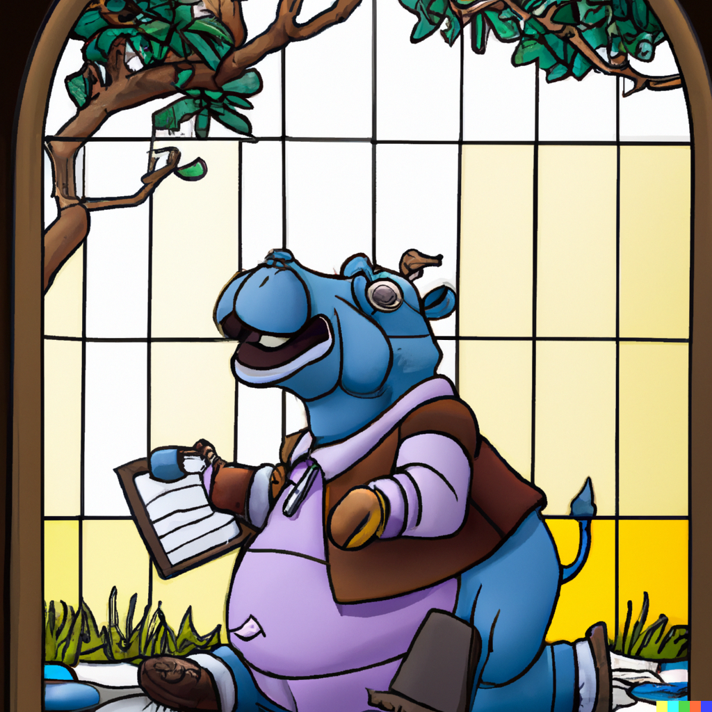 A stained glass picture of a hippo doing his taxes