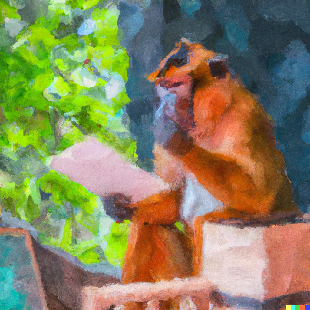 A monkey making a mistake on his taxes, impressionist painting